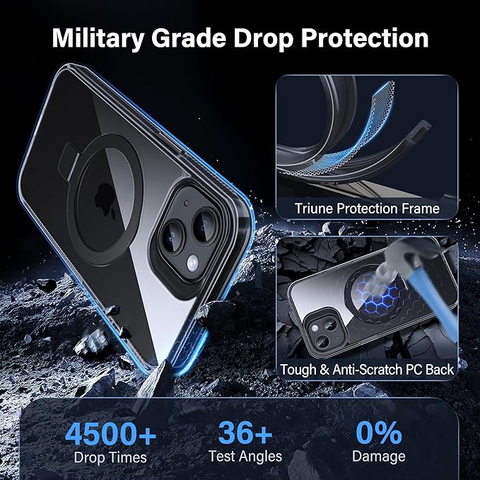 Magnetic Case for iPhone 14 Plus - [Built-in Invisible Stand] [Compatible with MagSafe] [Military Grade Drop Protection] Anti-Yellowing Hard Back Silicone Edge Cover, 6.7", Clear Black