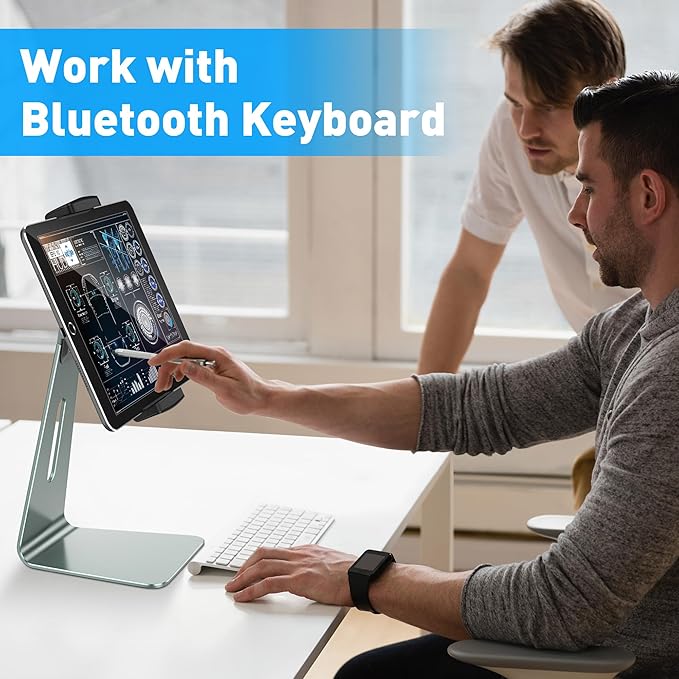 AboveTEK Elegant Tablet Stand, Aluminum Holder for 7-13 inch Tablets, Desktop Kiosk POS Stand Compatible w/iPad Pro Air Mini, Galaxy Tab, Tablet Mount for Store Office Reception Kitchen (Gray)