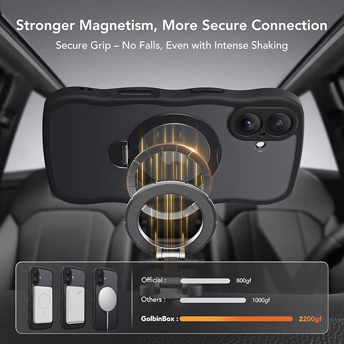 GolbinBox for iPhone 16 Case, [Compatible with Magsafe][360° Spin Magnetic Stand][Military-Grade Protection][Camera Control][Cute Wave Edge] Translucent Matte Women Phone Cover for iPhone 16, Black