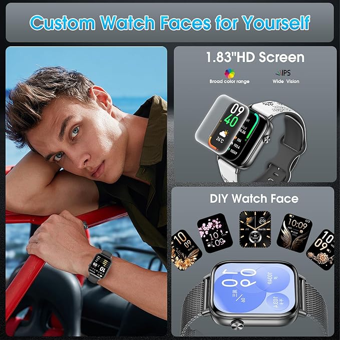 Smart Watch for Men Women (Answer/Make Calls) 1.83" HD Fitness Running Smartwatch Compatible Android iOS Phones with Step Counter/Heart Rate/Sleep, 120+ Sports Modes IP68 Waterproof, Black/3 Bands