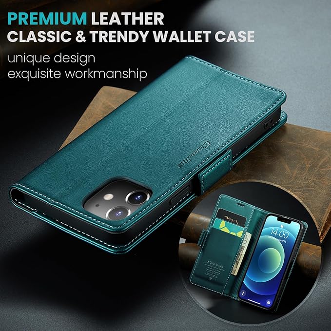 for iPhone 12 Mini Case, Premium PU Leather Wallet Case Flip Cover with [RFID Blocking][Card Holder][Stand Function] Shockproof Protective for iPhone 12 Mini 5.4 inch, Blue-Green