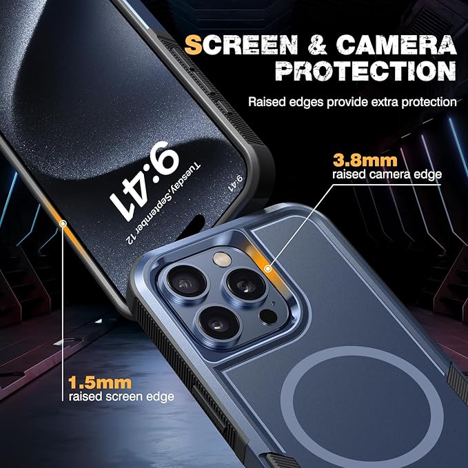 Diaclara Magnetic for iPhone 15 Pro Max Case, [with Privacy Screen Protector] [Anti Spy] [Military Grade Drop Protection] Heavy Duty Full-Body Shockproof Phone Case, Dark Blue