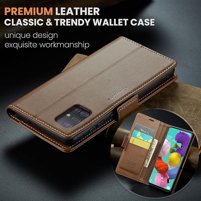 for Samsung Galaxy A51 4G Case, Premium PU Leather Wallet Case Flip Cover with [RFID Blocking][Card Holder][Stand Function] for Samsung Galaxy A51 4G (Non 5G Version), Brown
