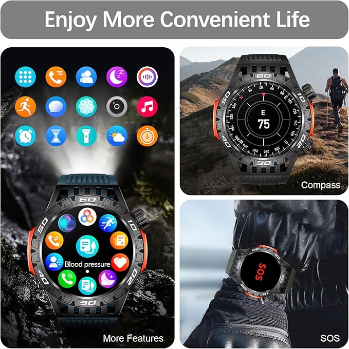 Military Smart Watch with LED Flashlight, Compass, SOS, Rugged Tactical Bluetooth Answer/Dial Calls, Heart Rate Blood Pressure Sleep Monitor Compatible for Android and iOS, Green