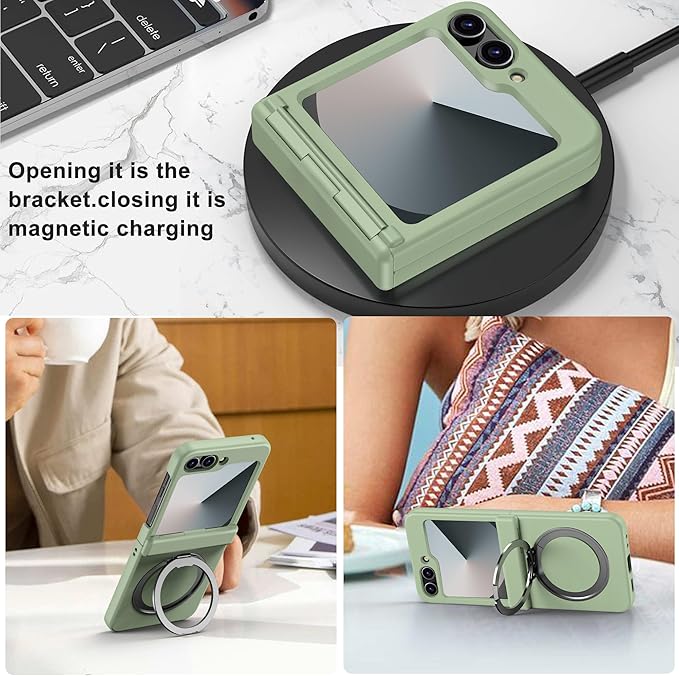 Magnetic Case for Samsung Galaxy Z Flip 6 Compatible with Magsafe, Built-in Kickstand & TPU Hinge Protection Flip 6 Case, Matte PC Cover Ultra Shockproof Phone Case for Z Flip6 (Light Green)