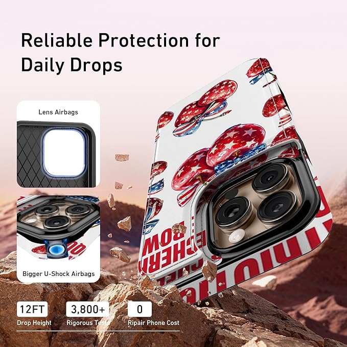 FUNMIKO for iPhone 16 Pro Wallet Case with Card Holder, RFID-Blocking, Military-Grade Protection & UV-Printed Artwork, Magnetic Closure with Leather Kickstand - Cherries with Bow