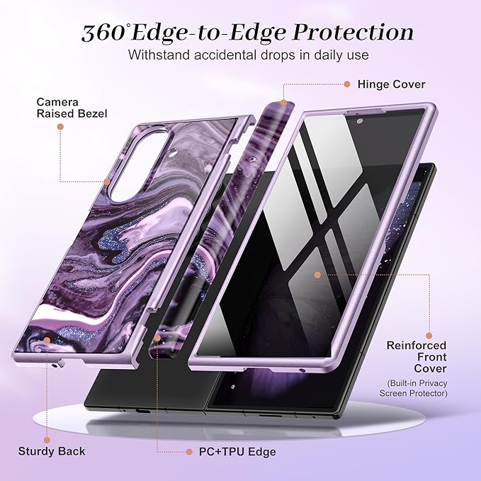 GVIEWIN for Samsung Galaxy Z Fold 7 Case with Privacy Screen Protector [Compatible with Magsafe][Built-in Kickstand] Magnetic Full-Body Hinge Protection Slim Phone Case for Z Fold 7, Quicksand/Purple