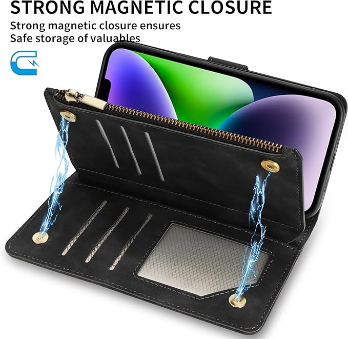 ZZXX for iPhone 14 Plus Case Wallet with [RFID Blocking] Card Slot Premium Soft PU Leather Zipper Flip Folio with Wrist Strap Kickstand Protective Cover for iPhone 14 Plus Wallet Case(Black-6.7 inch)