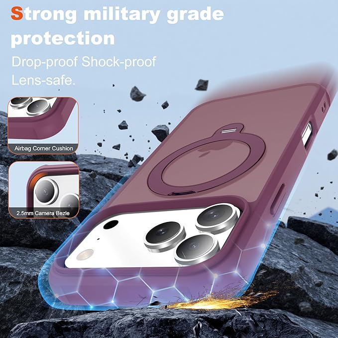 Compatible with iPhone 17 Pro Case with Invisible Magnetic 360°Spin Stand,Military-Grade Shockproof Protection [Compatible with Mag-Safe] Non-Slip Edge Translucent Case (6.3",Wine Red)