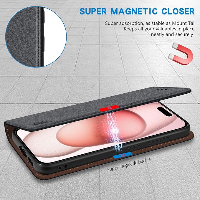 ZZXX for iPhone 15 Wallet Case with [RFID Blocking] Card Slot Stand Strong Magnetic Leather Flip Fold Protective Phone Case for iPhone 15 Case Wallet(Grey-6.1 inch)