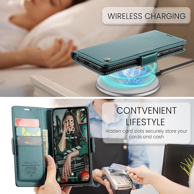 for Samsung Galaxy A15 4G/5G Case, Premium PU Leather Wallet Case Flip Cover with [RFID Blocking][Card Holder][Stand Function] Shockproof Protective for Samsung Galaxy A15, Blue-Green