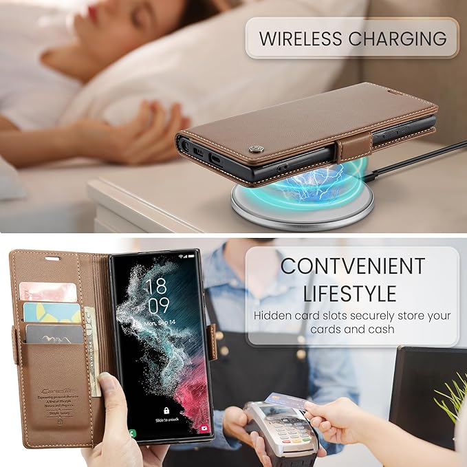 Case for Samsung Galaxy S22 Ultra Wallet Case, RFID Blocking PU Leather Flip Folio Cover Card Holder Kickstand Shockproof Phone Case Compatible with Samsung Galaxy S22 Ultra, Brown