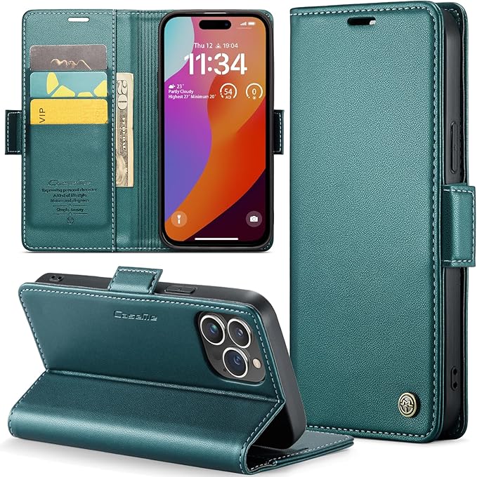 for iPhone 15 Pro Case, Premium PU Leather Wallet Case Flip Cover with [RFID Blocking][Card Holder][Stand Function] Shockproof Protective for iPhone 15 Pro, Blue-Green
