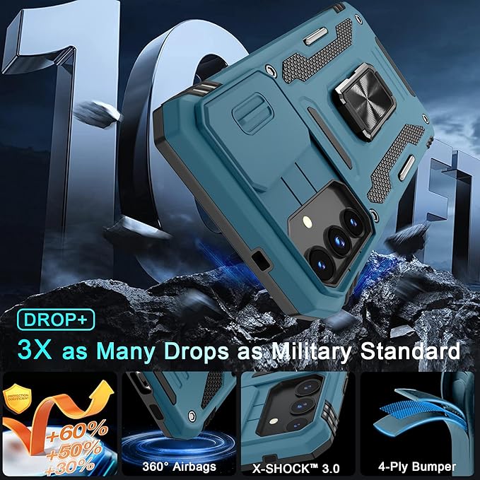 DEERLAMN Case for Samsung Galaxy S24+ Plus with Slide Camera Cover+Screen Protector (1 Pack), Rotated Ring Kickstand Military Grade Shockproof Protective Cover-Light Blue