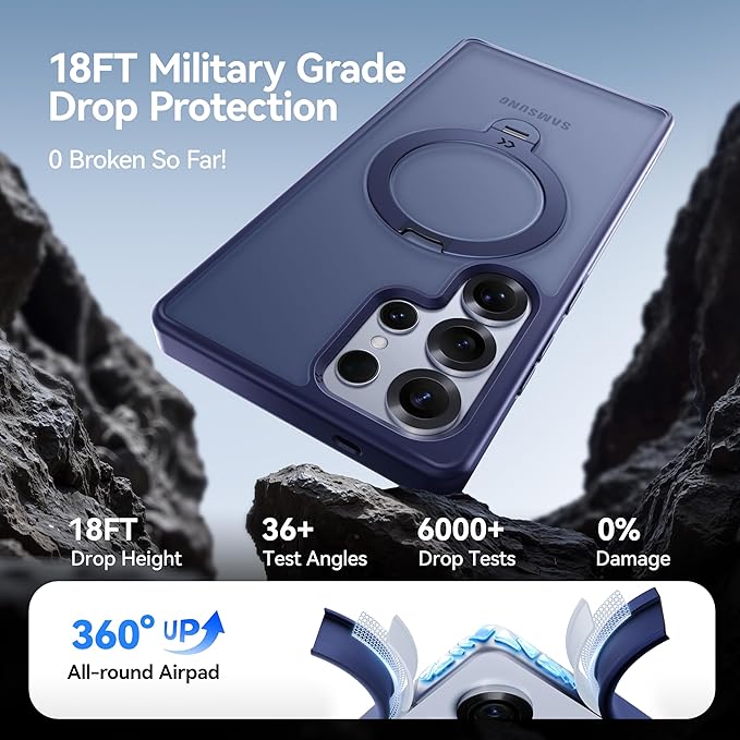 CASEKOO Patented 360° Spin Magnetic Stand for Samsung Galaxy S25 Ultra Case [18FT Military Drop Protection] [Compatible with MagSafe] Matte Translucent Slim S25 Ultra Case 6.9'' 2025, Blue