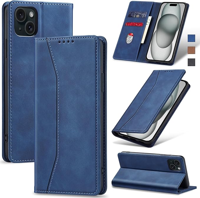 Jasonyu Flip Wallet Case for iPhone 15 Plus,Leather Magnetic Folio Cover with Card Holder,Kickstand - TPU Shockproof Durable Protective Phone Case,Blue