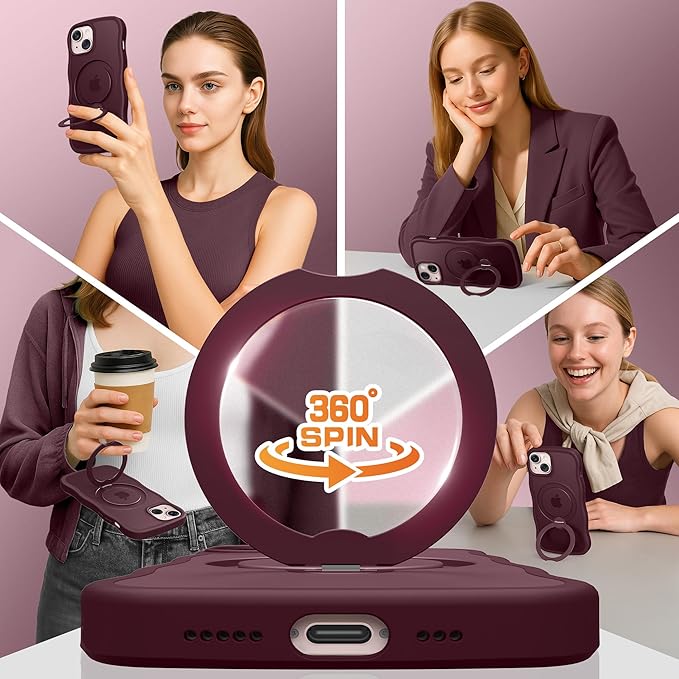 for iPhone 13 Case & iPhone 14 Case for Women,[Compatible with Magsafe][360° Spin Magnetic Stand][Cute Wave Edge][Military-Grade Protection]Translucent Matte Phone case for iPhone 13/14, Wine Red