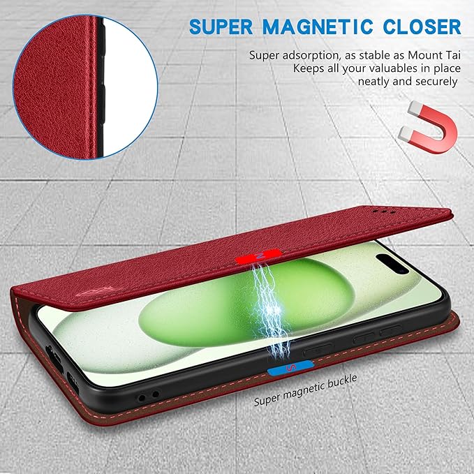 ZZXX for iPhone 15 Plus Wallet Case with [RFID Blocking] Card Slot Stand Strong Magnetic Leather Flip Fold Protective Phone Case for iPhone 15 Plus Case Wallet(Red-6.7 inch)