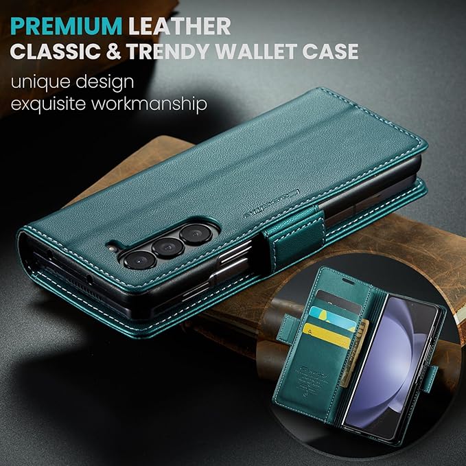 for Samsung Galaxy Z Fold 5 Case, Premium PU Leather Wallet Case Flip Cover with [RFID Blocking][Card Holder][Stand Function] Shockproof Protective for Samsung Galaxy Z Fold 5, Blue-Green