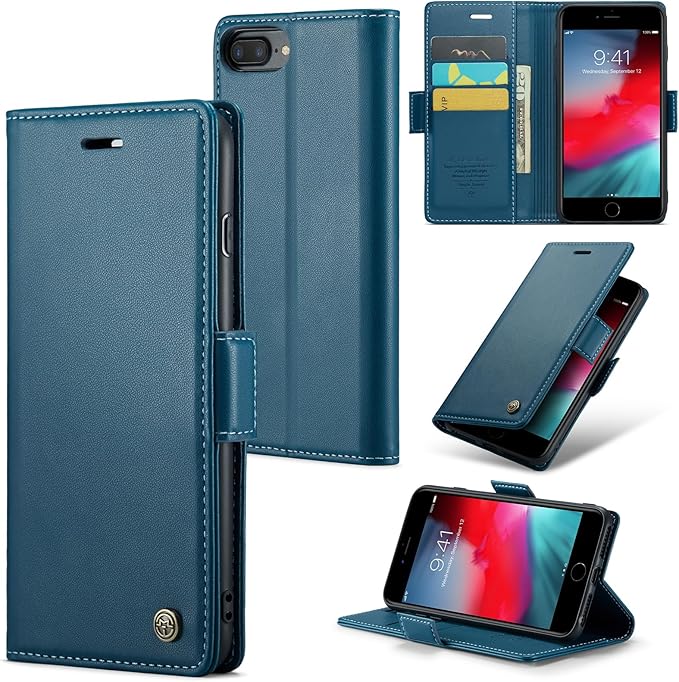 for iPhone 8 Plus & 7 Plus Case, Premium PU Leather Wallet Case Flip Cover with [RFID Blocking][Card Holder][Stand Function] Shockproof Protective for iPhone 8 Plus & 7 Plus, Blue