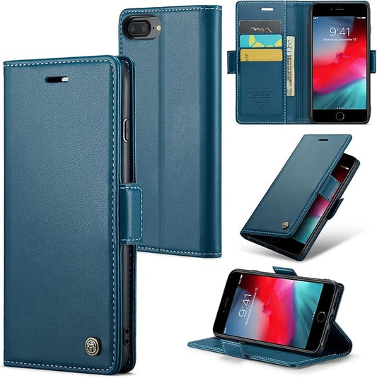 for iPhone 8 Plus & 7 Plus Case, Premium PU Leather Wallet Case Flip Cover with [RFID Blocking][Card Holder][Stand Function] Shockproof Protective for iPhone 8 Plus & 7 Plus, Blue