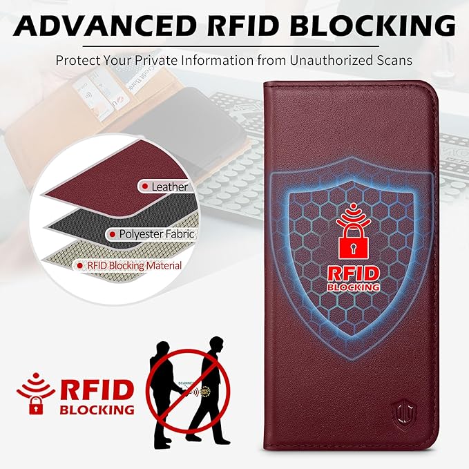 SHIELDON Wallet Case for Galaxy S25 Edge 5G 6.7", Genuine Leather Flip Magnetic Cover RFID Blocking Card Slot Kickstand Shockproof Protective Case Compatible with Galaxy S25 Edge 2025 - Nappa Wine Red