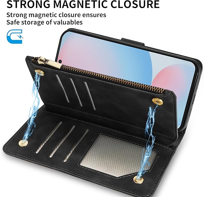 ZZXX for Samsung Galaxy S24 FE Wallet Case with RFID Blocking Card Slot PU Leather Zipper Flip Folio with Strap Kickstand Protective Cover for Samsung Galaxy S24 FE Case Wallet(Black-6.7 inch)