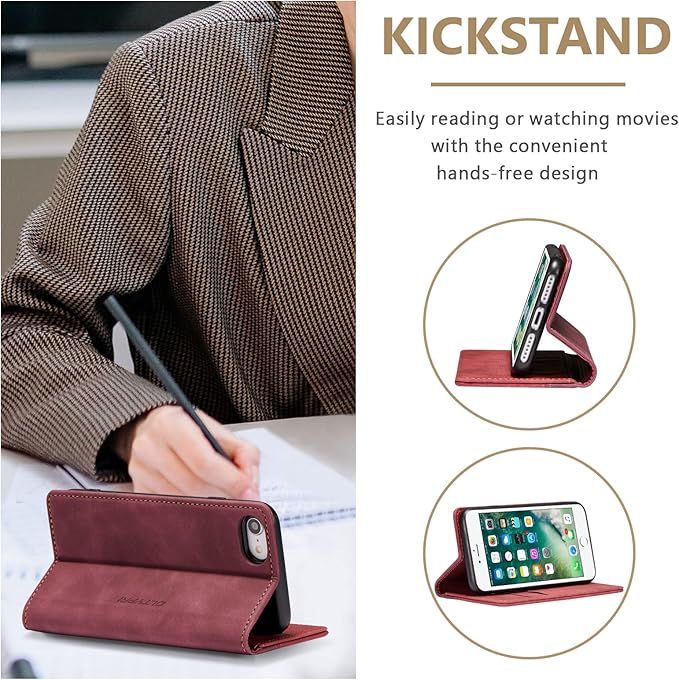QLTYPRI Case for iPhone 16e, Vintage PU Leather Wallet Case Card Slot Kickstand Magnetic Closure Shockproof Flip Folio Cover for iPhone 16e - Retro Wine Red