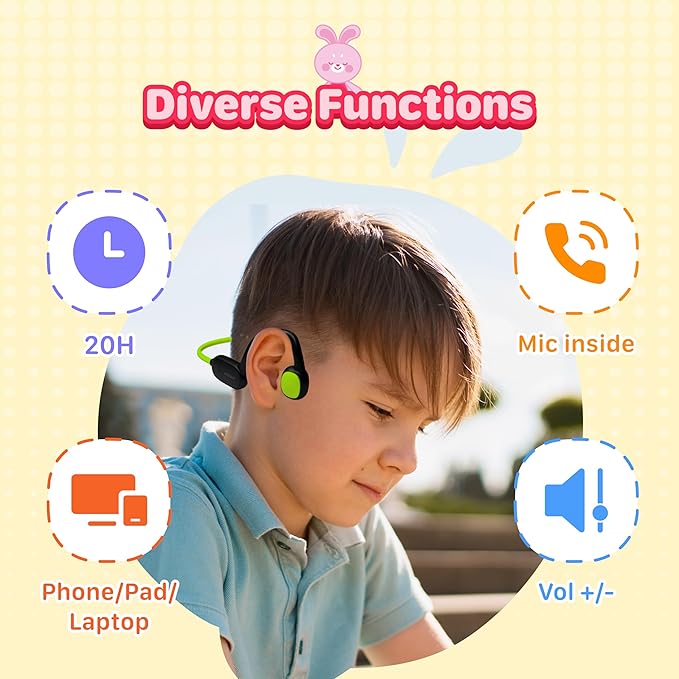 Kids Bluetooth Headphones Wireless Earbuds, Open Ear Headphones for Kids, Internal Mic, IPX5 Waterproof, 30g Lightweight & Robust, Air Conduction Non-in-Ear, 85dB Hearing Protection