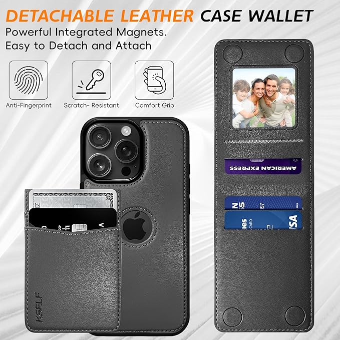 for iPhone 16 Pro Max Leather Wallet Case, Compatible with Magsafe, 2 in 1 Detachable Magnetic Card Holder, RFID Blocking Kickstand Credit Slots Flip Case for Men Women, Black