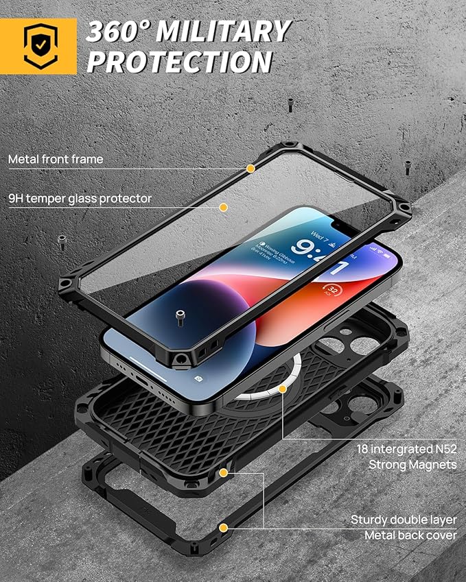 Lanhiem Magnetic for iPhone 14 Metal Case, [Built-in Camera Kickstand & Glass Screen Protector] Heavy Duty Shockproof Full Body Rugged Protective Magsafe Cover for iPhone 14 6.1" (Black)
