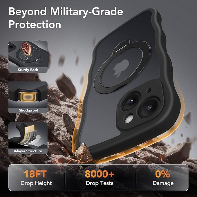 GolbinBox for iPhone 15 Case for Women,[Compatible with Magsafe][360° Spin Magnetic Stand][Cute Wave Edge][Military-Grade Protection] Translucent Matte Phone Case for iPhone 15, Black