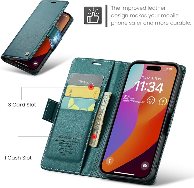 for iPhone 15 Pro Case, Premium PU Leather Wallet Case Flip Cover with [RFID Blocking][Card Holder][Stand Function] Shockproof Protective for iPhone 15 Pro, Blue-Green