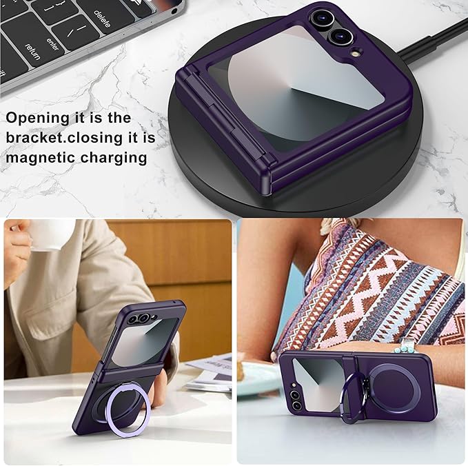 Magnetic Case for Samsung Galaxy Z Flip 6 Compatible with Magsafe, Built-in Kickstand & TPU Hinge Protection Flip 6 Case, Matte PC Cover Ultra Shockproof Phone Case for Z Flip6 (Dark Purple)
