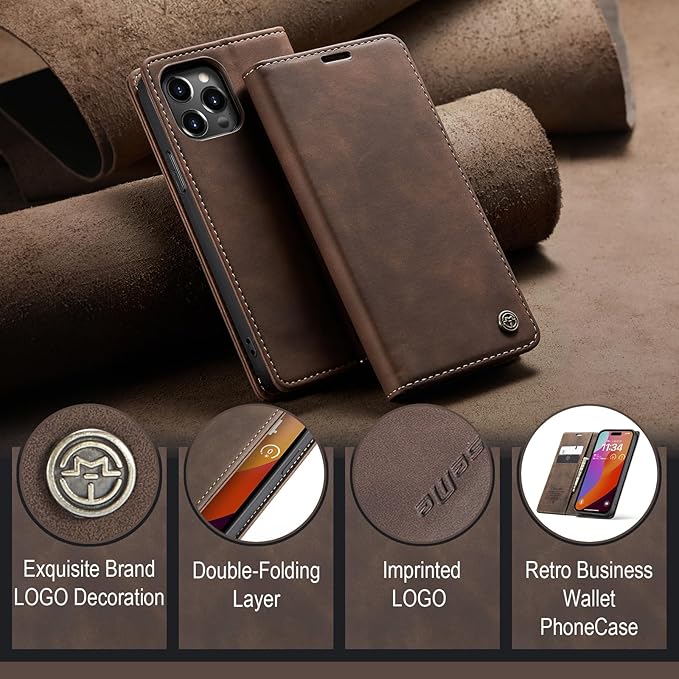 for iPhone 15 Pro Case, Flip Wallet Leather Case with Card Holder Magnetic Closure Shockproof Kickstand Protective Phone Cases Cover for iPhone 15 Pro, Coffee