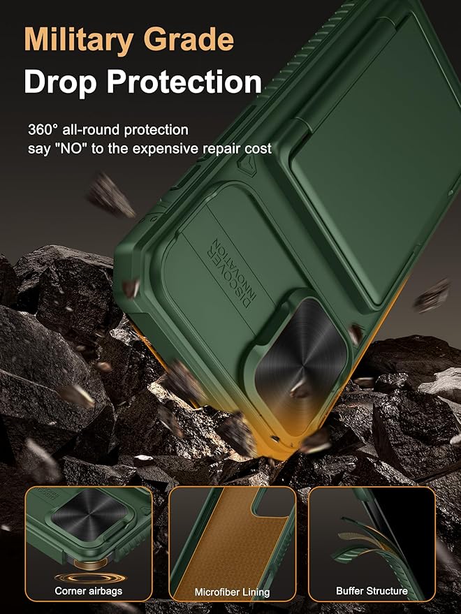 Vihibii for iPhone 16 Plus Case with Card Holder (4 Cards) [RFID Blocking] & Slide Camera Cover, Military Grade Drop Protection, Rugged Hard Back & Silicone Edge Wallet Phone Cover, 6.7" 2024, Green