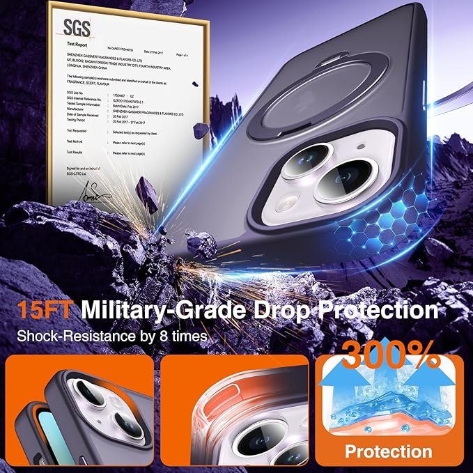 360° O-Ring MagStander for iPhone 15 Case with Magnetic Kickstand Ring Holder [Compatible with MagSafe][360°Rotate Stand Ring][Military Shockproof] Magnet iPhone 15 Phone Cover Matte Purple