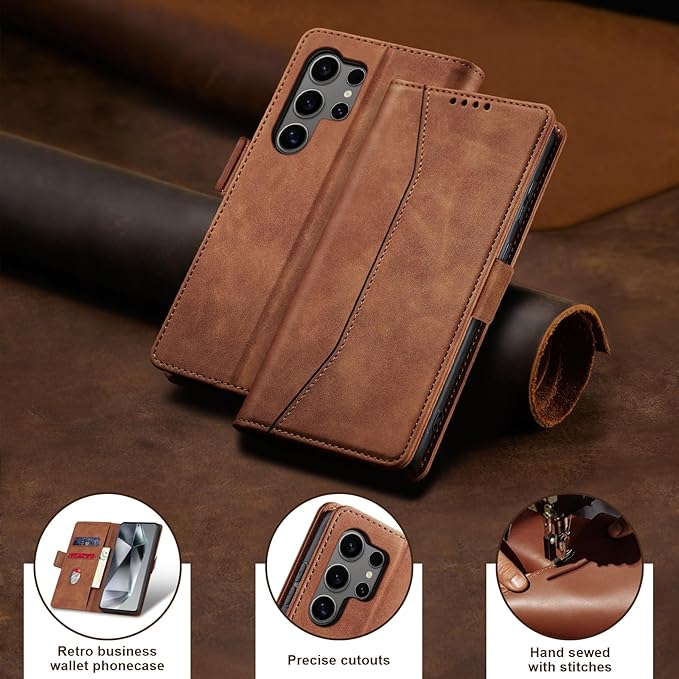 Jasonyu Flip Wallet Case for Samsung S24 Ultra 5G,Leather Magnetic Folio Cover with Card Holder,Kickstand - TPU Shockproof Durable Protective Phone Case,Brown