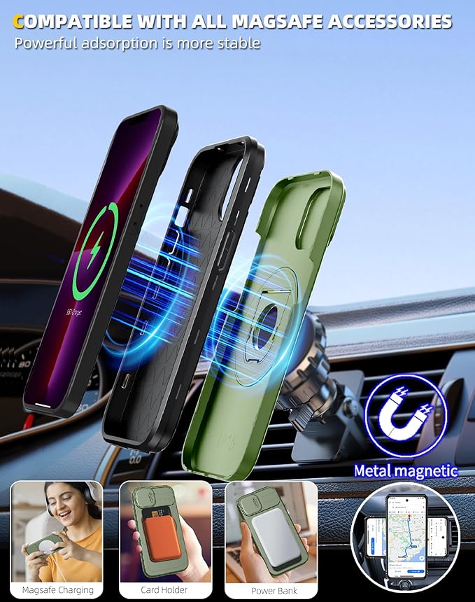 for iPhone 13 Pro Max Case Compatible with MagSafe Magnetic,with 2 Screen Protector,with Camera Cover&360°Kickstand Ring,Military Grade Drop Shockproof Heavy Duty Protection Phone Bumper Green