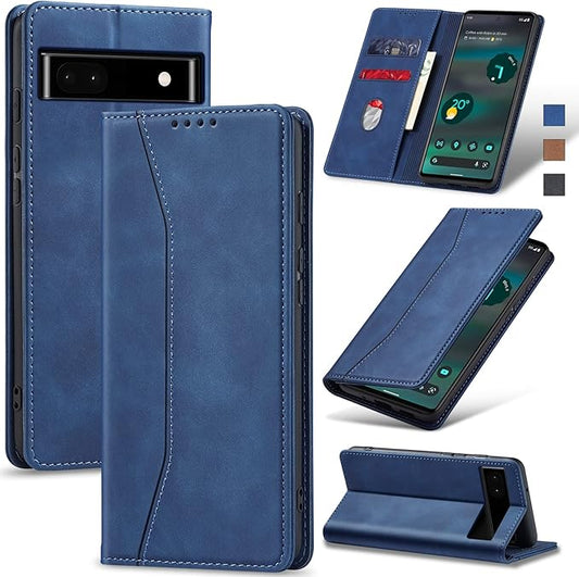 Jasonyu Flip Wallet Case for Google Pixel 6A 5G,Leather Magnetic Folio Cover with Card Holder,Kickstand - TPU Shockproof Durable Protective Phone Case,Blue