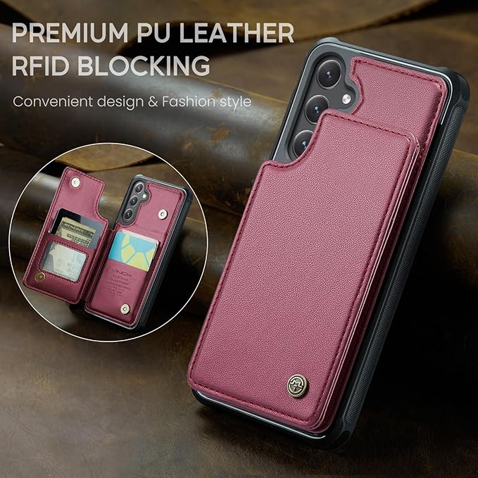 Vinich for Samsung Galaxy S24 Wallet Case with Card Holder, RFID Blocking Credit Slots Kickstand Shockproof Phone Cover for Women Men, Wine Red