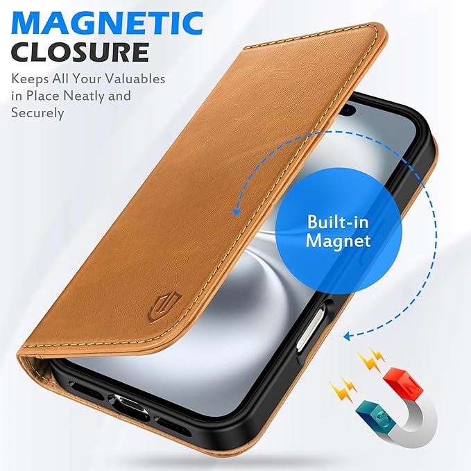 SHIELDON Case for iPhone 16 2024, Genuine Leather Magnetic Folio Wallet [RFID Blocking Credit Card Slots] Kickstand Shockproof Soft Phone Holder Case Compatible with iPhone 16 6.1" - Oily Brown