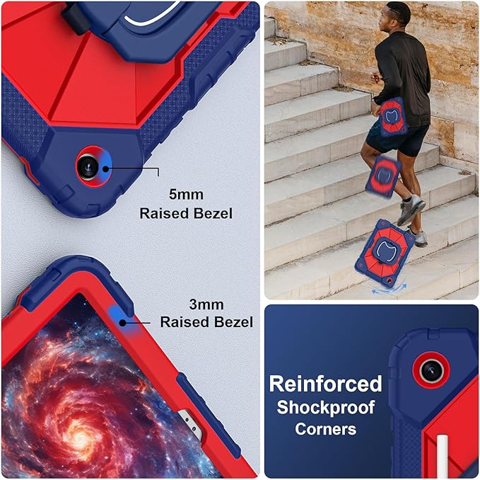 for Galaxy Tab A9 Plus Case 11 Inch, Rugged Case for Samsung Galaxy A9+ Tablet with Screen Protector 360 Rotating Stand Shoulder Strap Pen Holder, 2023 Model(SM-X210/X216/218), Navy Red