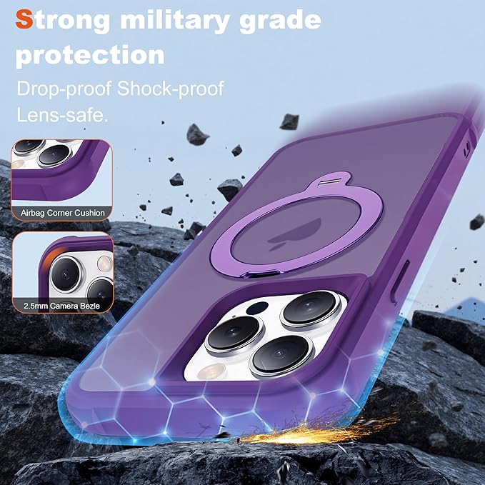 Compatible with iPhone 15 Pro Case with Invisible Magnetic 360°Spin Stand,Military-Grade Shockproof Protection [Compatible with Mag-Safe] Non-Slip Edge Translucent Case (6.1",Purple)