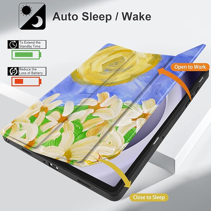 MEEgoodo Case for Samsung Galaxy Tab A9 Plus 11 inch Cover 2024 2023 with S Pen Holder, A9+ Smart Tablet Cases with Leather Trifold Stand+Soft TPU Back Shell+Smart Auto Wake/Sleep, Summer Flowers