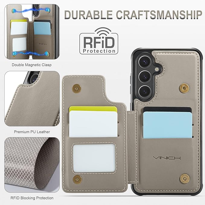 Vinich for Samsung Galaxy S25 Wallet Case with Card Holder, RFID Blocking Credit Slots Kickstand Shockproof Phone Cover for Women Men, Gray