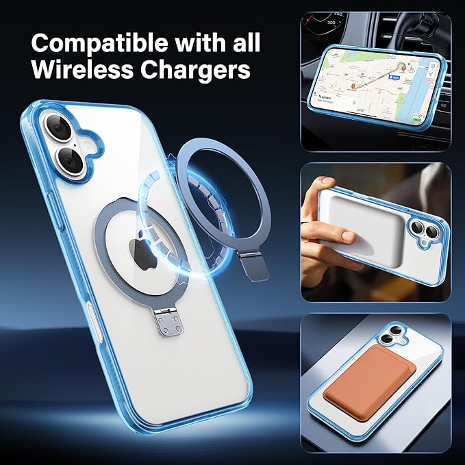 Magnetic Case for iPhone 16 - [Built-in Invisible Stand] [Compatible with MagSafe] [Military Grade Drop Protection] Anti-Yellowing Hard Back Silicone Edge Cover, 6.1", Clear Blue
