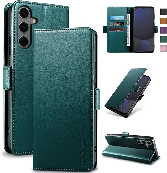 Wallet Flip Case for Samsung Galaxy S24 FE 5G - [RFID Blocking] Luxury PU Leather Card Holder Magnetic Phone Cover with Kickstand,Shockproof Protective Case,Green