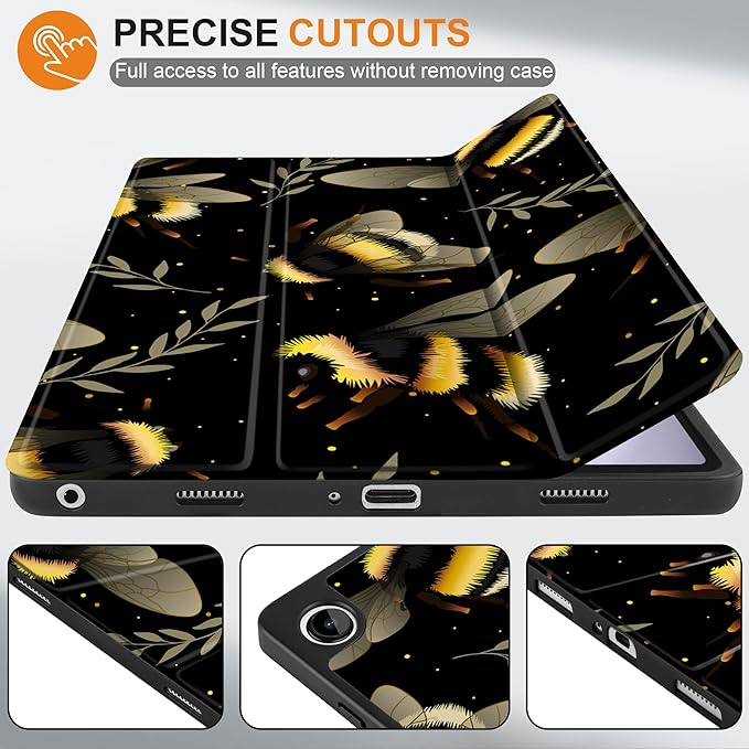 MEEgoodo Case for Samsung Galaxy Tab A9 Plus 11 inch Cover 2024 2023 with S Pen Holder, A9+ Smart Tablet Cases with Leather Trifold Stand+Soft TPU Back Shell+Smart Auto Wake/Sleep, Bumblebee & Leaves