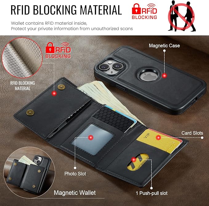 Asuwish Phone Case for iPhone 14 6.1 inch Wallet Magnetic Detachable Cell Cover with Wireless Charging and RFID Blocking Credit Card Holder Flip Stand iPhone14 5G i i-Phone i14 14Case Women Men Black